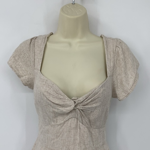 Abercrombie & Fitch twist front linen blend shift mini dress tan fit flare Small - Picture 3 of 5
